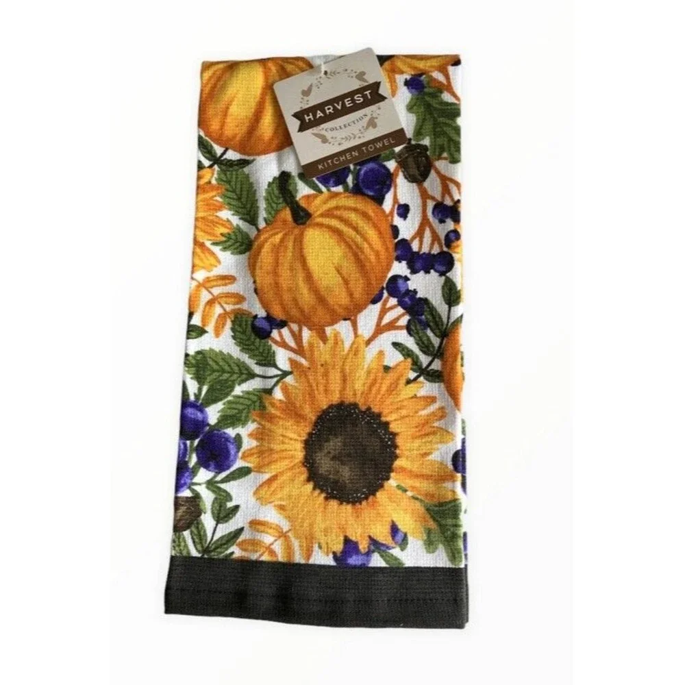 Thanksgiving Sunflower Kitchen Dish Towels Fall Autumn Harvest Cotton Set of 2